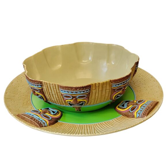 Tiki Serving Platter & Chip Bowl Set‎ Easter Unlimited 2 Pc Green Melamine Party - Picture 1 of 12